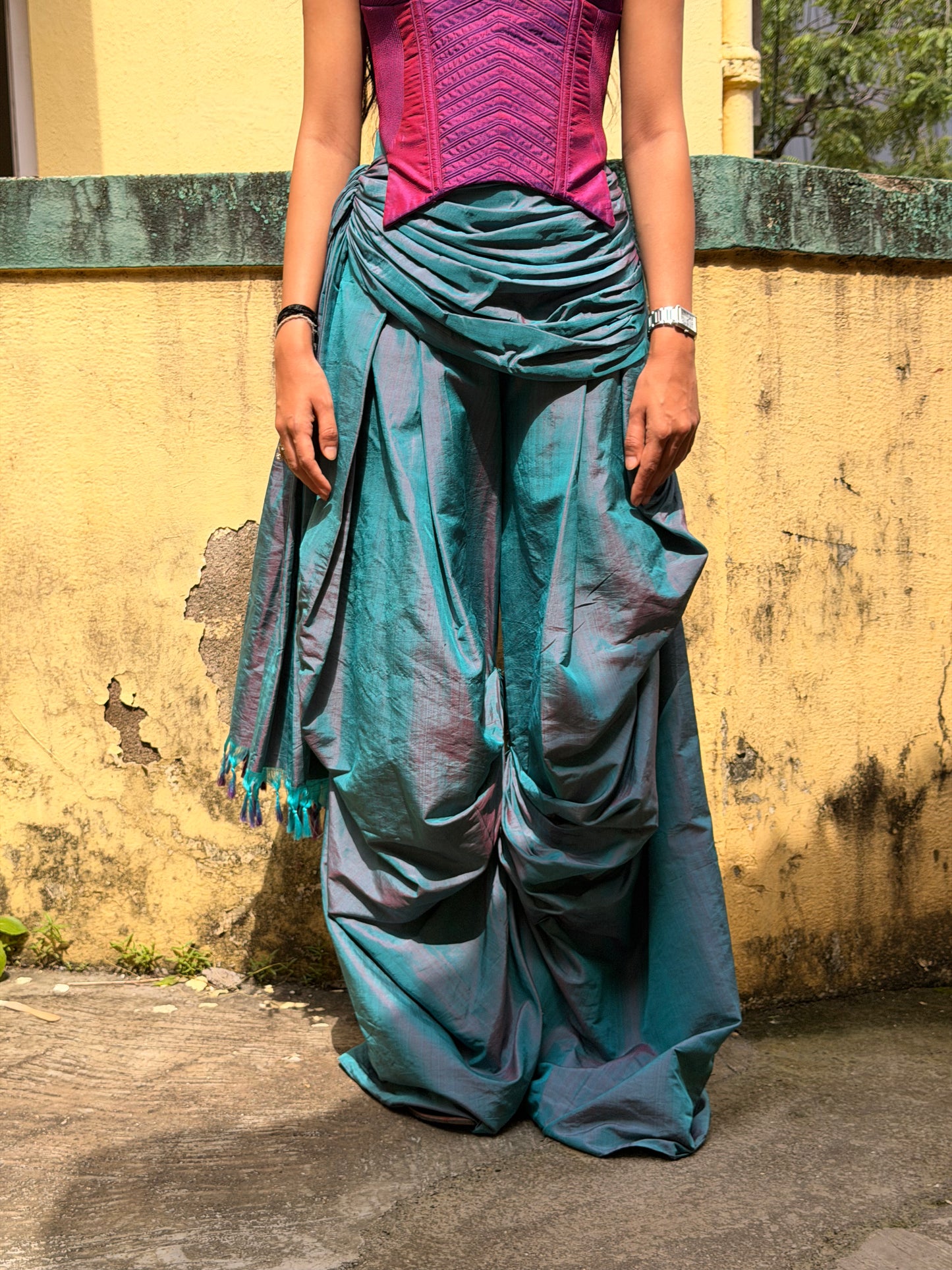 Antariya is a one of a kind drape pant, handcrafted in house from repurposed pure silk and saree borders. 