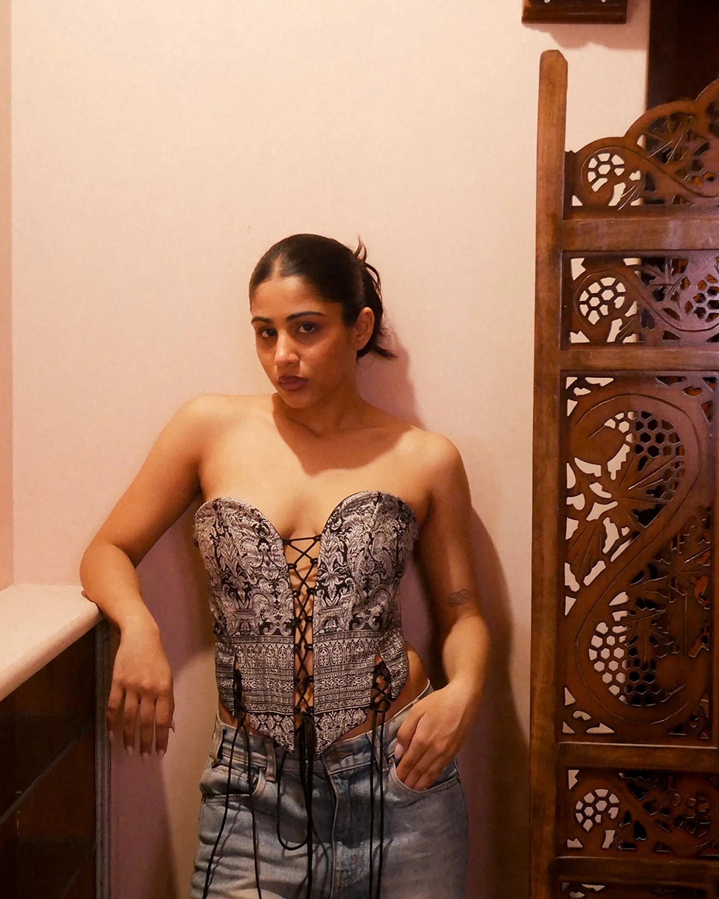 SWARA handcrafted corset made from vintage silk saree with sweetheart neckline, tapered waist, and adjustable back ties for structure and comfort.