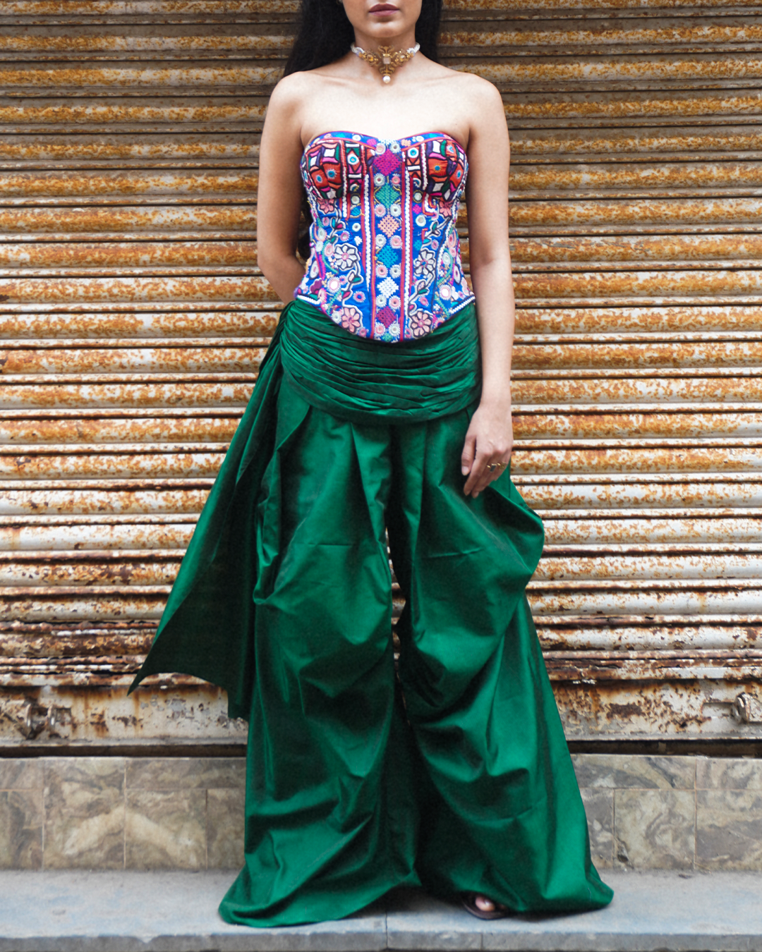 CHOLA CORSET is our one-of-a-kind ensemble, handcrafted in-house using antique cholis. 