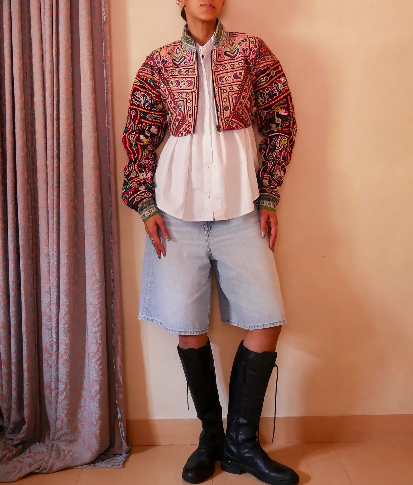 Cropped Chola Jacket III handcrafted from Rabari cholas with vintage silk sari lining, dropped shoulders and relaxed fit.