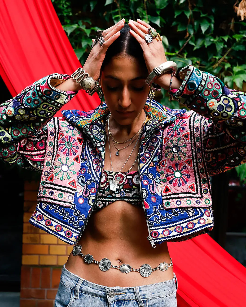 Chola No. II hand-embroidered jacket made from vintage Rabari Cholis with intricate threadwork, mirror detailing, and bold motifs in a contemporary silhouette.