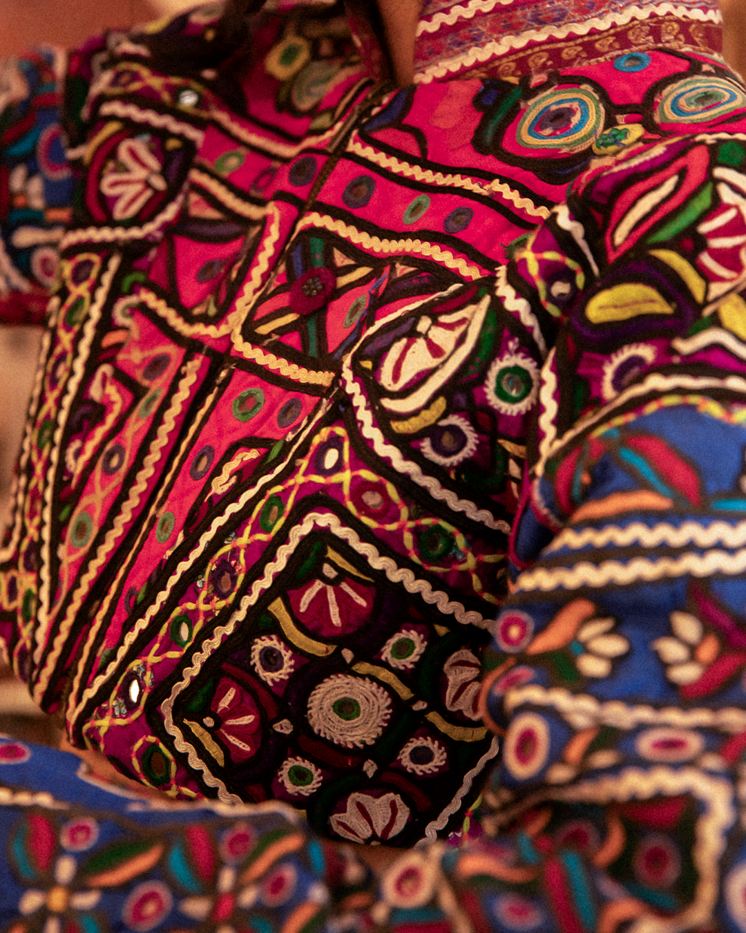 CHOLA NO III. I is a one-of-a-kind piece, handcrafted in-house using carefully sourced traditional cholas made by the Rabari community in Kutch. 