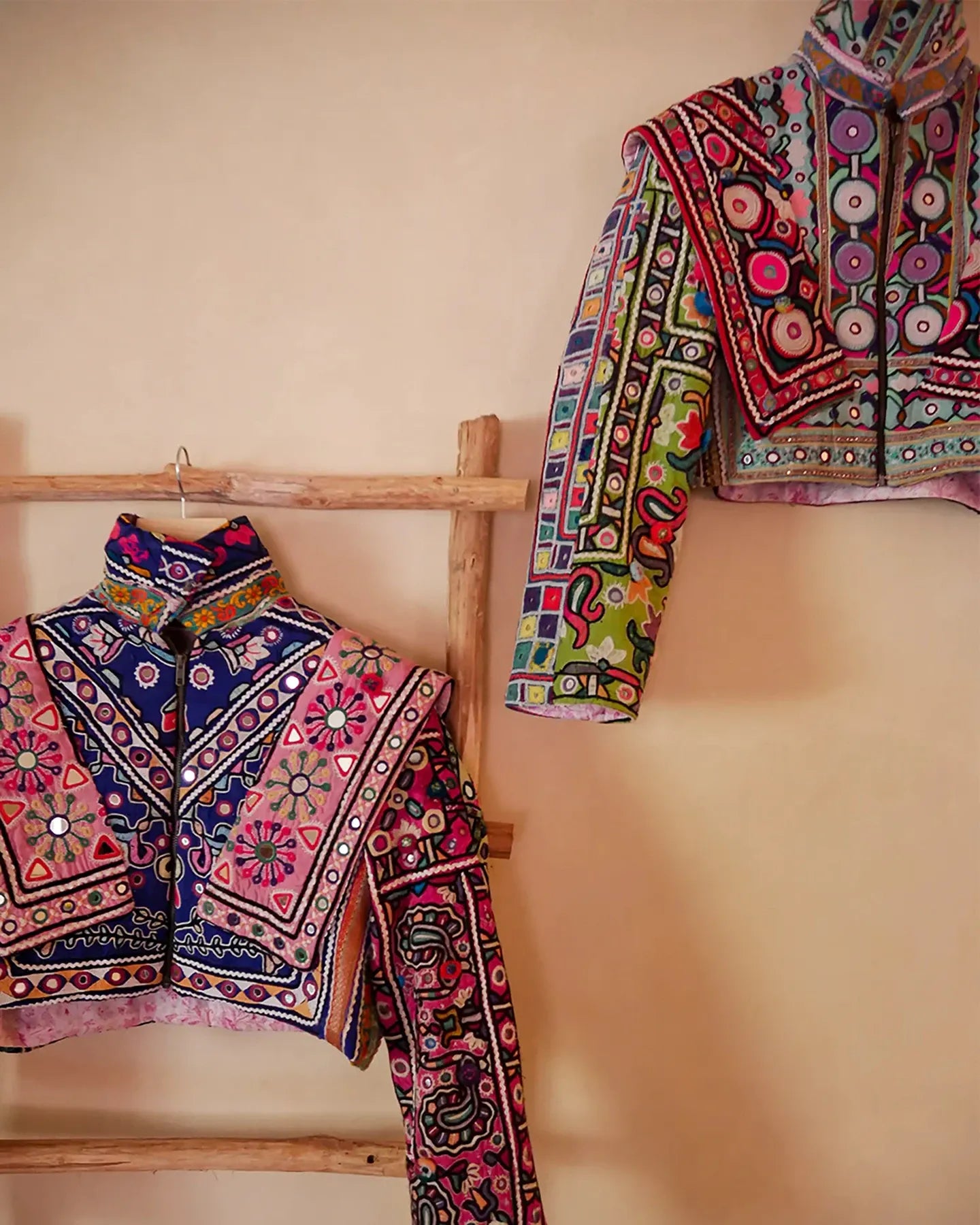 Chola No. II hand-embroidered jacket made from vintage Rabari Cholis with intricate threadwork, mirror detailing, and bold motifs in a contemporary silhouette.