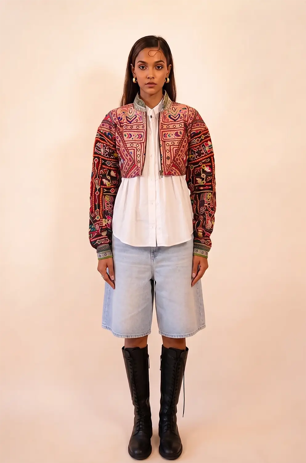 Cropped Chola Jacket III handcrafted from Rabari cholas with vintage silk sari lining, dropped shoulders and relaxed fit.