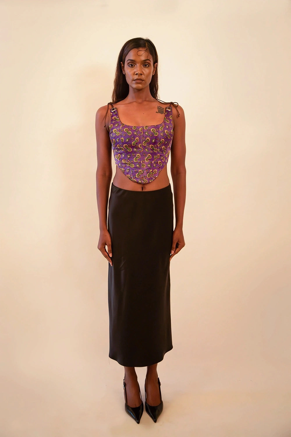 DHARA is our one-of-a-kind printed silk corset with delicate shoulder straps