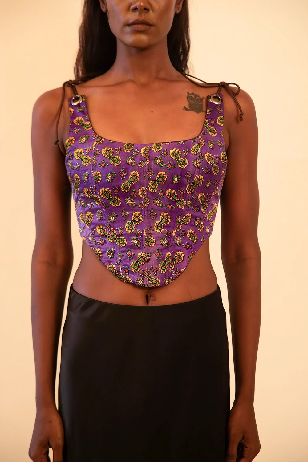 DHARA is our one-of-a-kind printed silk corset with delicate shoulder straps