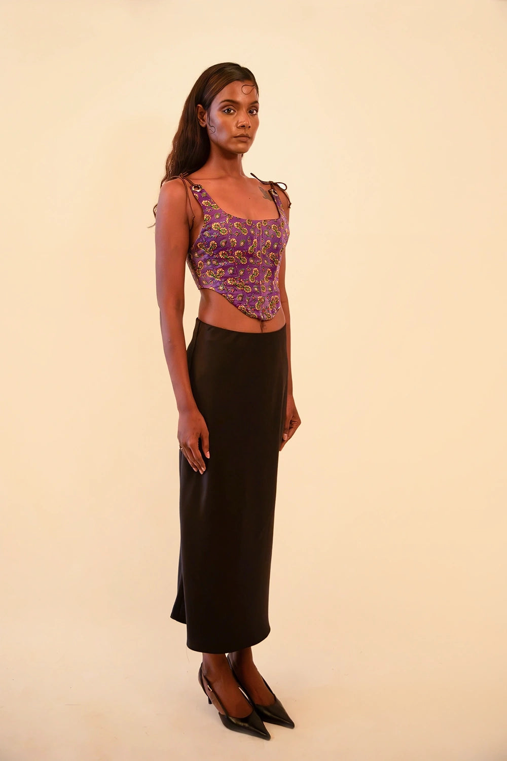 DHARA is our one-of-a-kind printed silk corset with delicate shoulder straps