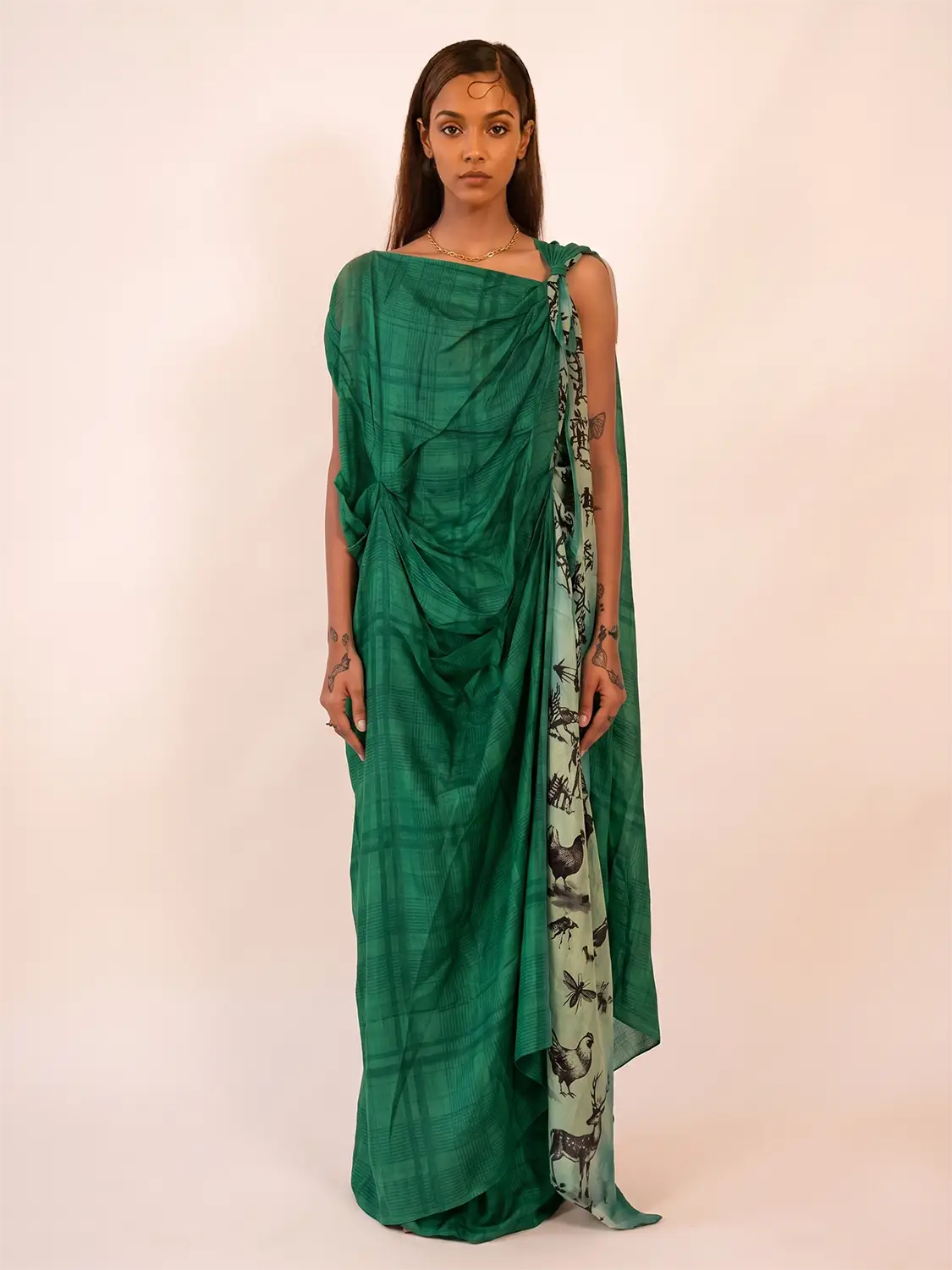 EMERALD DRAPE DRESS is our one-of-a-kind draped dress, handcrafted in-house from pure silk. 