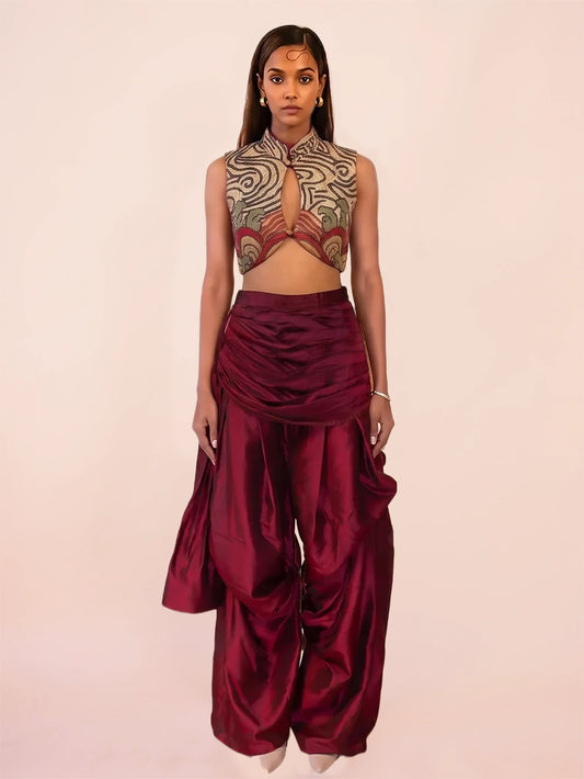 GILET TOP- TARINI IV Top is a one of a kind piece, handcrafted in house from vintage pure silk saree fabric.