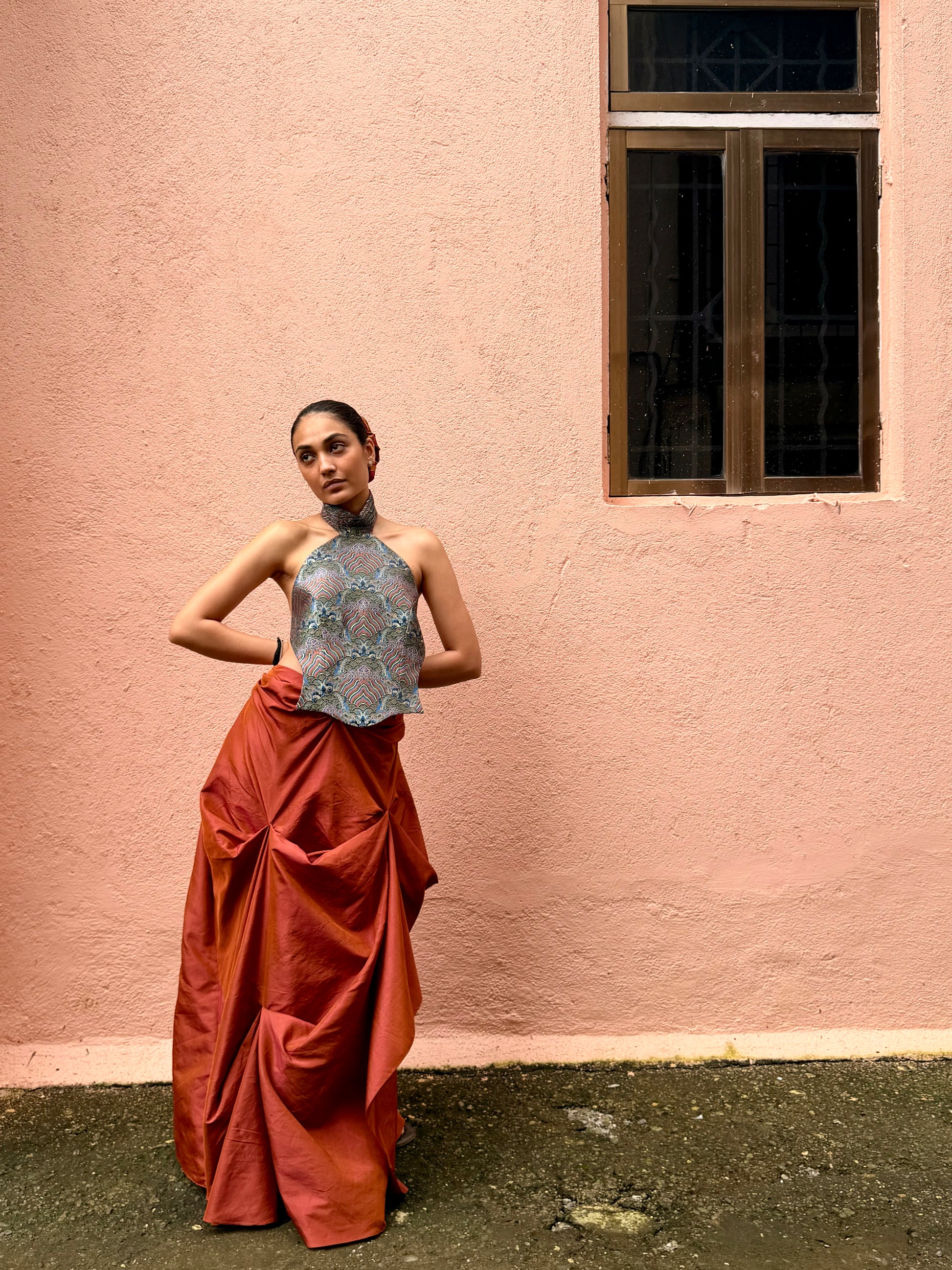 GULJHAAM IX is a one of a kind drape skirt, crafted in house from a vintage silk saree and shaped through intuitive, sculptural draping.