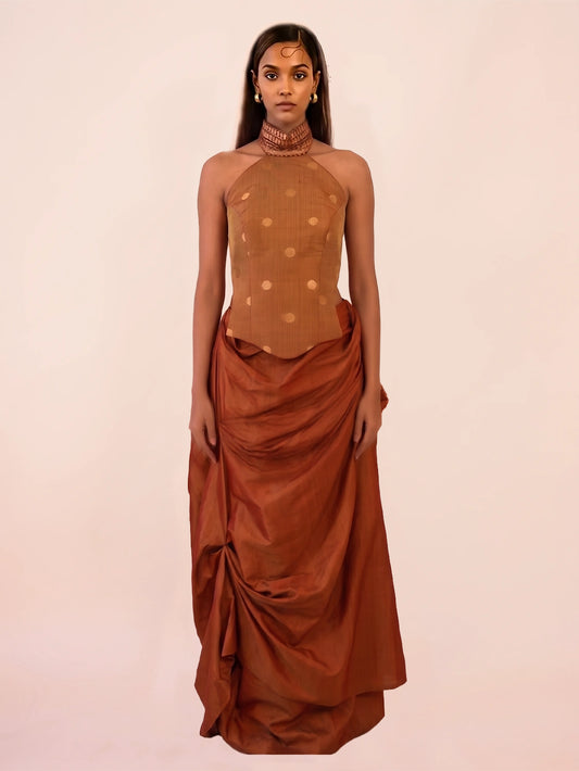 GULJHAAM VII is a one of a kind drape skirt, crafted in house from a vintage silk saree and shaped through intuitive, sculptural draping