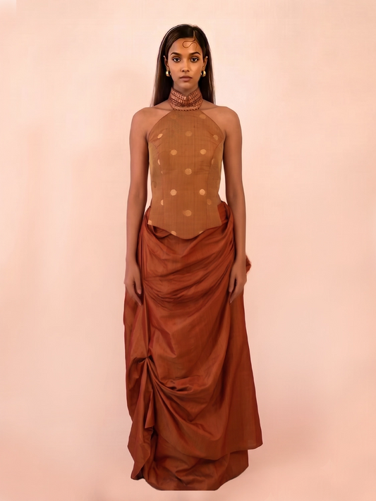 GULJHAAM V is a one of a kind drape skirt, crafted in house from a vintage silk saree