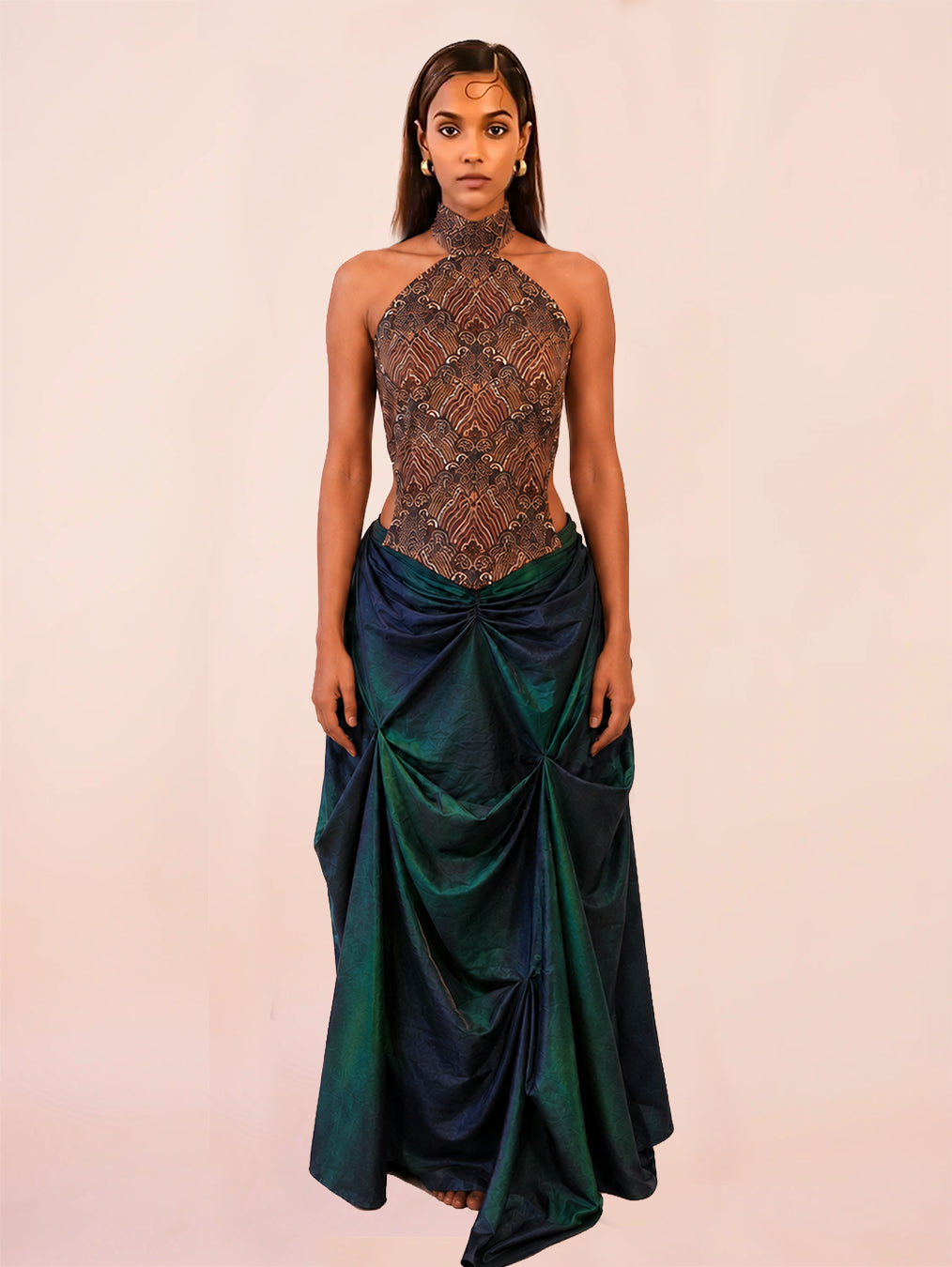GULJHAAM X is a one of a kind drape skirt, crafted in house from a vintage silk saree and shaped through intuitive, sculptural draping.