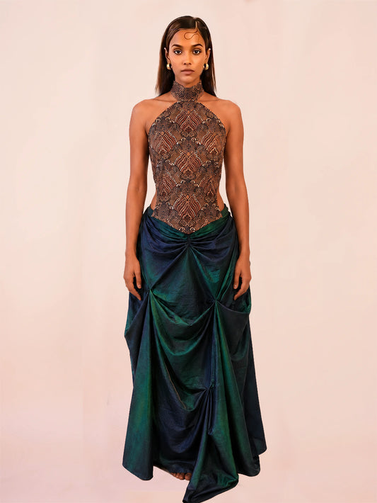 GULJHAAM X is a one of a kind drape skirt, crafted in house from a vintage silk saree and shaped through intuitive, sculptural draping.