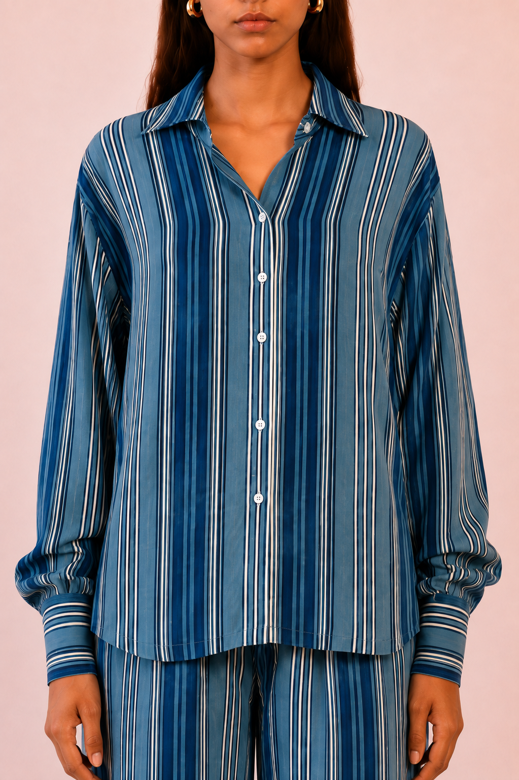 INDIGO SHIRT is our one-of-a-kind oversized striped shirt, handcrafted in-house using naturally indigo-dyed fabric. 