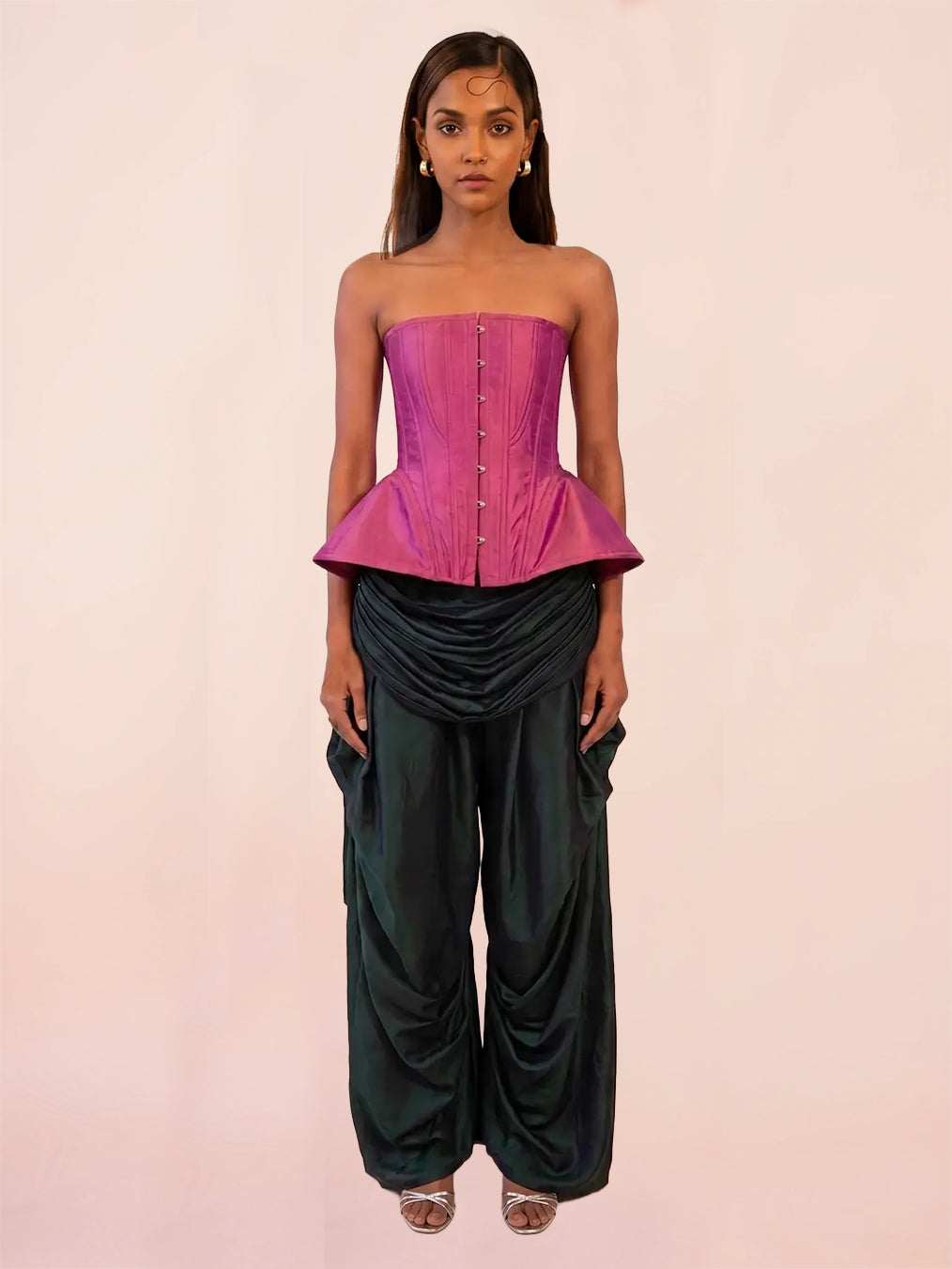 KAMAL is a one-of-a-kind bell corset, handcrafted by skilled artisans in-house using a vintage silk saree. 
