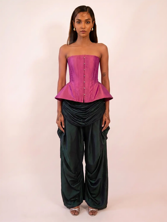 KAMAL is a one-of-a-kind bell corset, handcrafted by skilled artisans in-house using a vintage silk saree. 