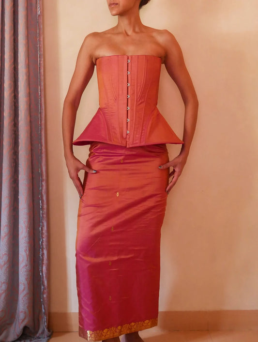 KAMAL bell corset and skirt handcrafted from vintage silk saree with front closure and lace-up back.
