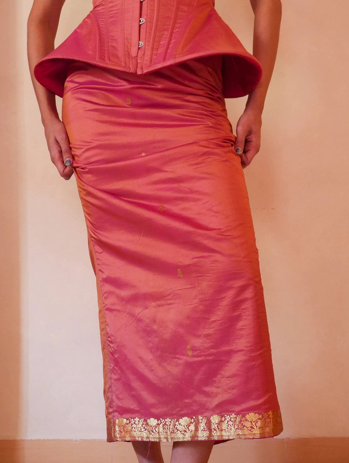 KAMAL bell corset and skirt handcrafted from vintage silk saree with front closure and lace-up back.