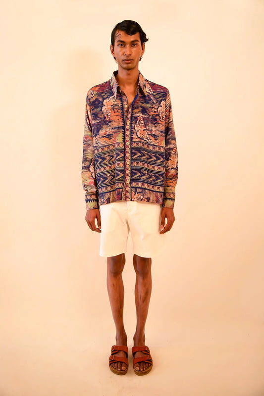 LAVYA is a one-of-a-kind full-sleeve shirt, crafted from vintage fabric in a bold multicolour butterfly print.