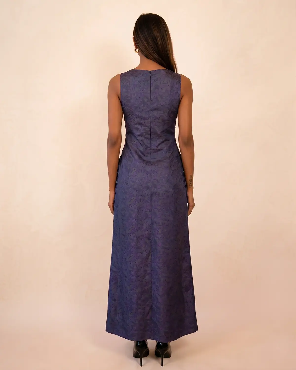 Purple printed silk evening gown with teardrop neckline