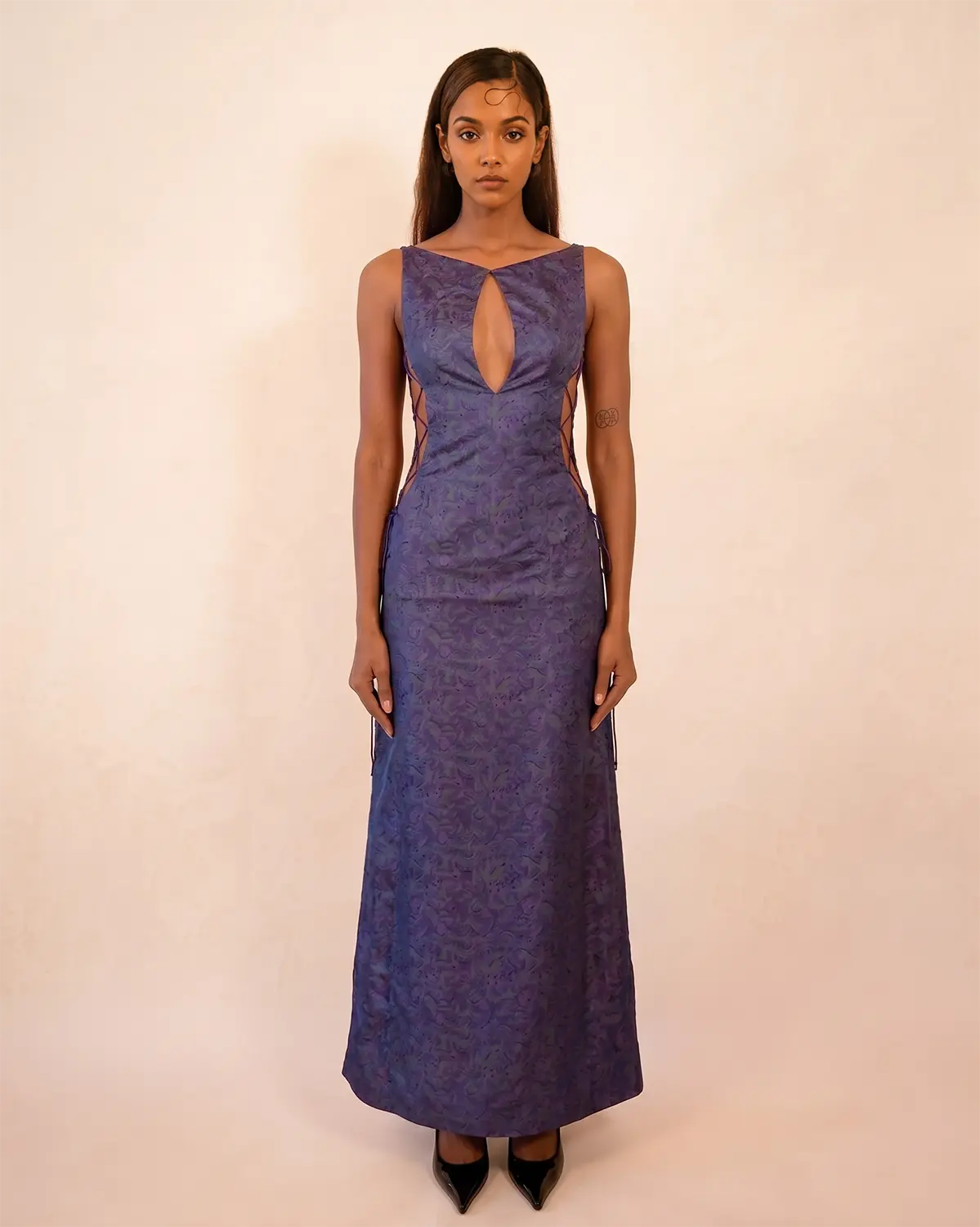 Purple printed silk evening gown with teardrop neckline