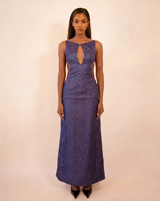 Purple printed silk evening gown with teardrop neckline