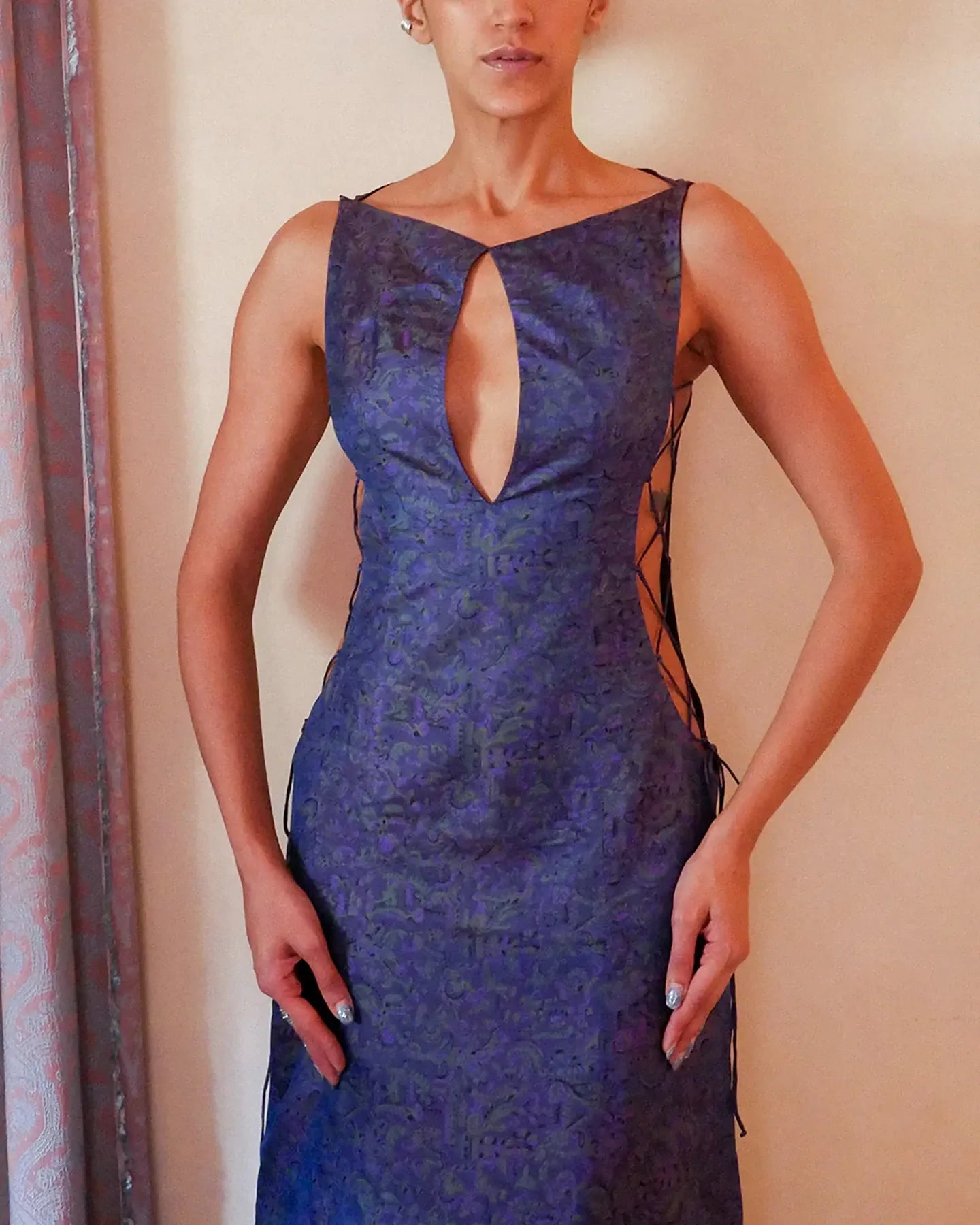 Purple printed silk evening gown with teardrop neckline”