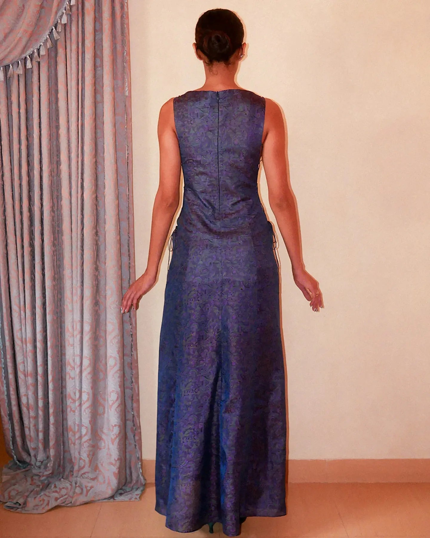 Purple printed silk evening gown with teardrop neckline”