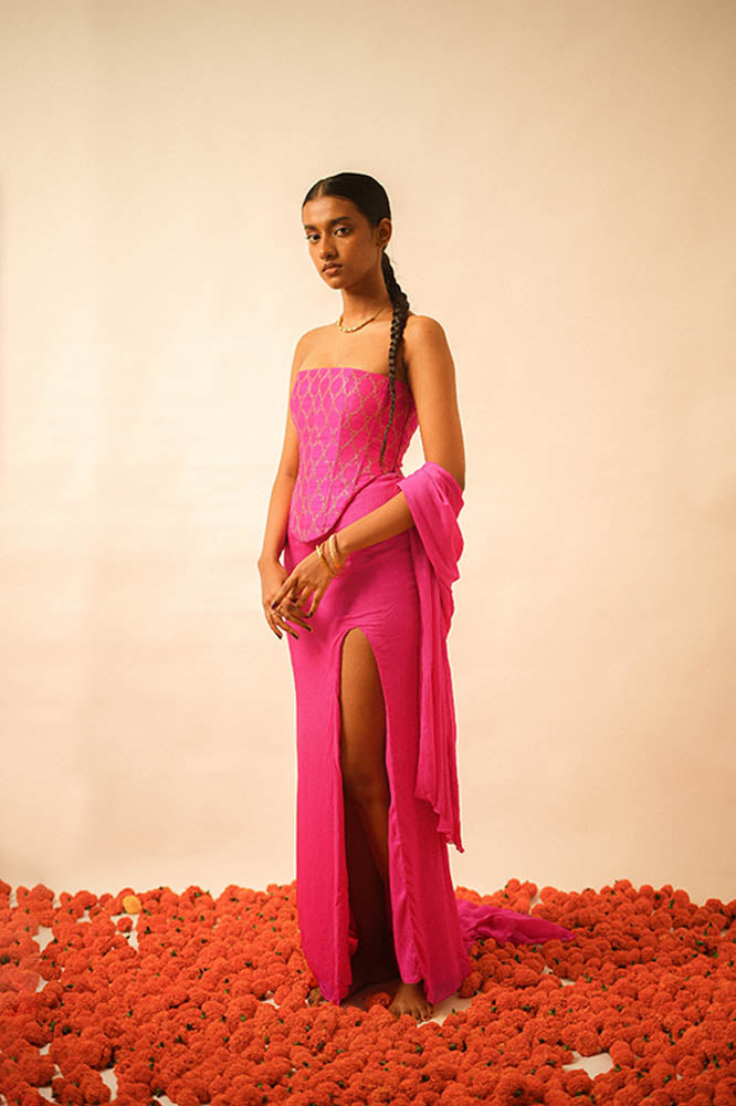 Deep V backless dori dress handcrafted from a vintage silk sari, featuring an adjustable tie-back and free-flowing silhouette