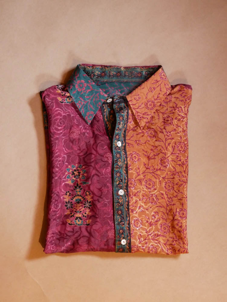 Raga is our one-of-a-kind oversized multi-colour printed shirt, handcrafted by skilled artisans in-house using a one-of-a-kind vintage silk saree.