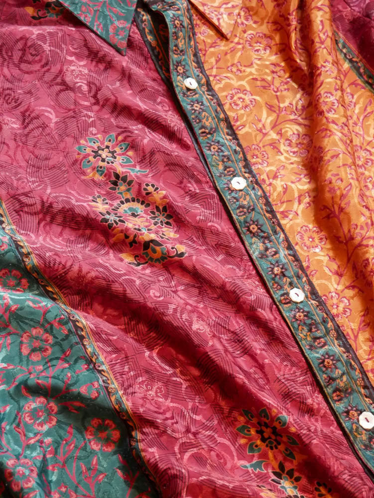 Raga is our one-of-a-kind oversized multi-colour printed shirt, handcrafted by skilled artisans in-house using a one-of-a-kind vintage silk saree.