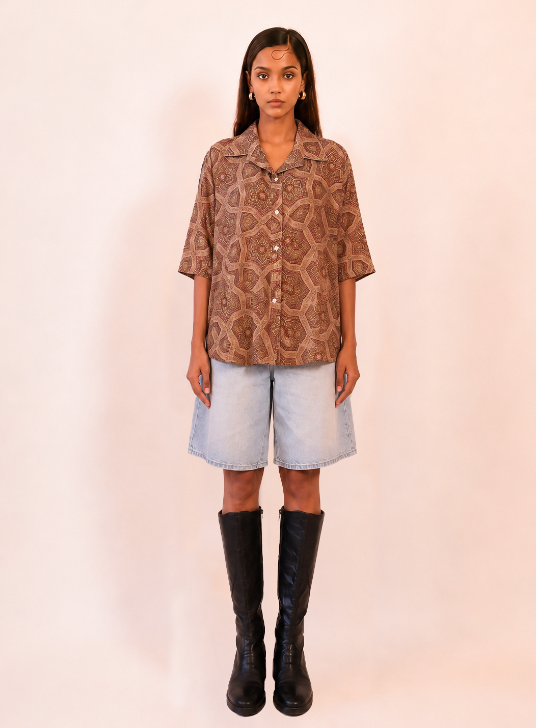 RAGA XV is our one of a kind oversized printed silk shirt, handcrafted by skilled artisans in house using a vintage silk saree.