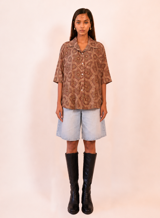 RAGA XV is our one of a kind oversized printed silk shirt, handcrafted by skilled artisans in house using a vintage silk saree.