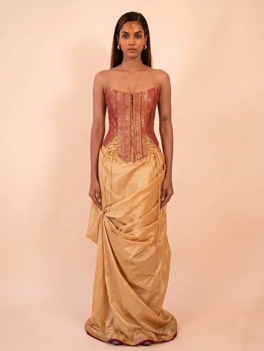Raina is our one-of-a-kind four-panel corset, handcrafted in-house using a vintage silk saree.