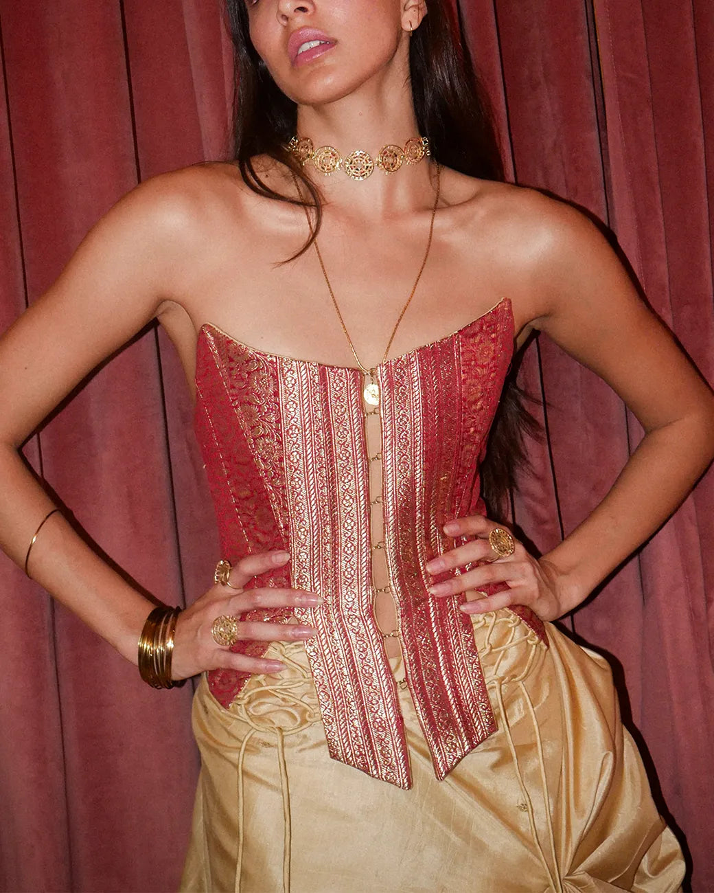 Raina is our one-of-a-kind four-panel corset, handcrafted in-house using a vintage silk saree.