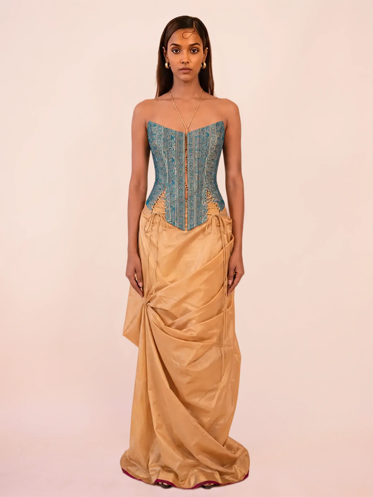 RAINA is our one-of-a-kind four-panel corset, handcrafted in-house using a vintage silk saree.