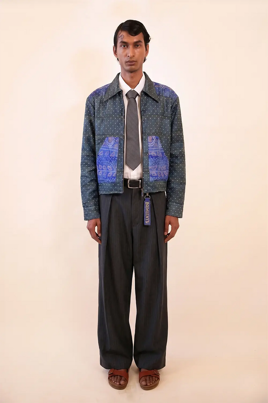 RAJEEV JACKET is our one-of-a-kind jacket, handcrafted in-house using kantha embroidered pure silk sarees.