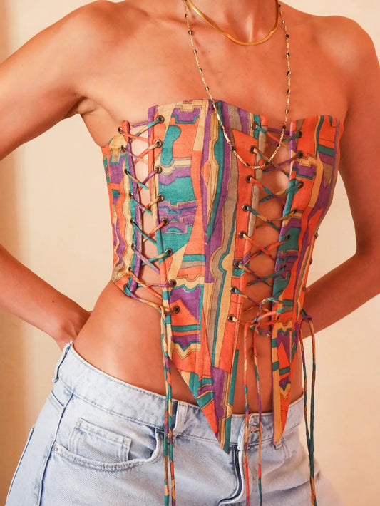 SAHIRA paisley silk corset handcrafted from vintage saree with lace-up panels, smocked back and metal zipper.