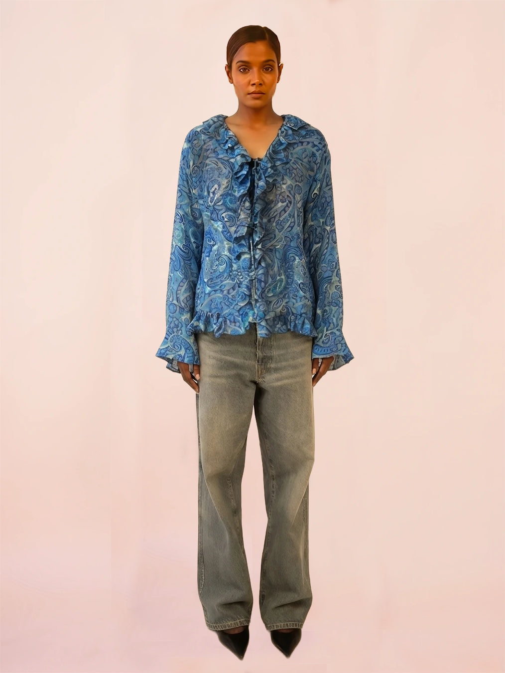 SANJH is a one of a kind front open top, handcrafted in house from printed pure silk