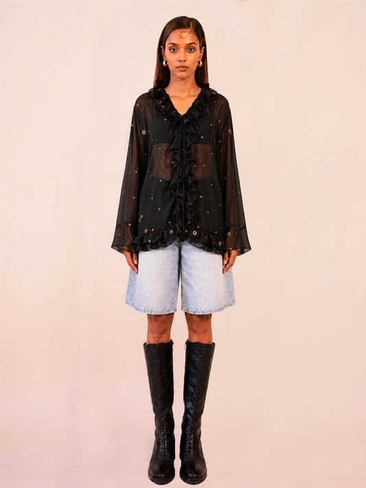 SANJH is a one of a kind front open top, handcrafted in house from printed pure silk.