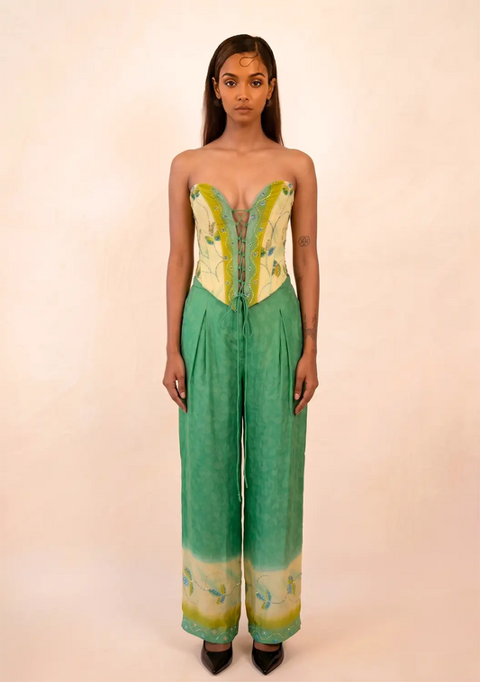 SWARA handcrafted silk corset from vintage saree with sweetheart neckline, tapered waist and adjustable back ties.