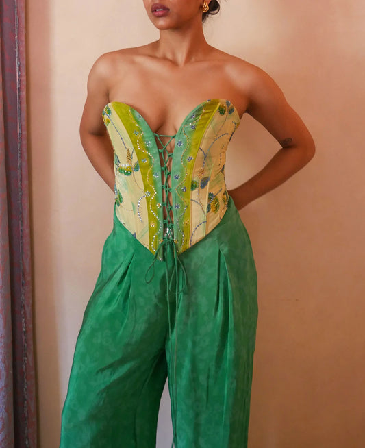 SWARA handcrafted silk corset from vintage saree with sweetheart neckline, tapered waist and adjustable back ties.