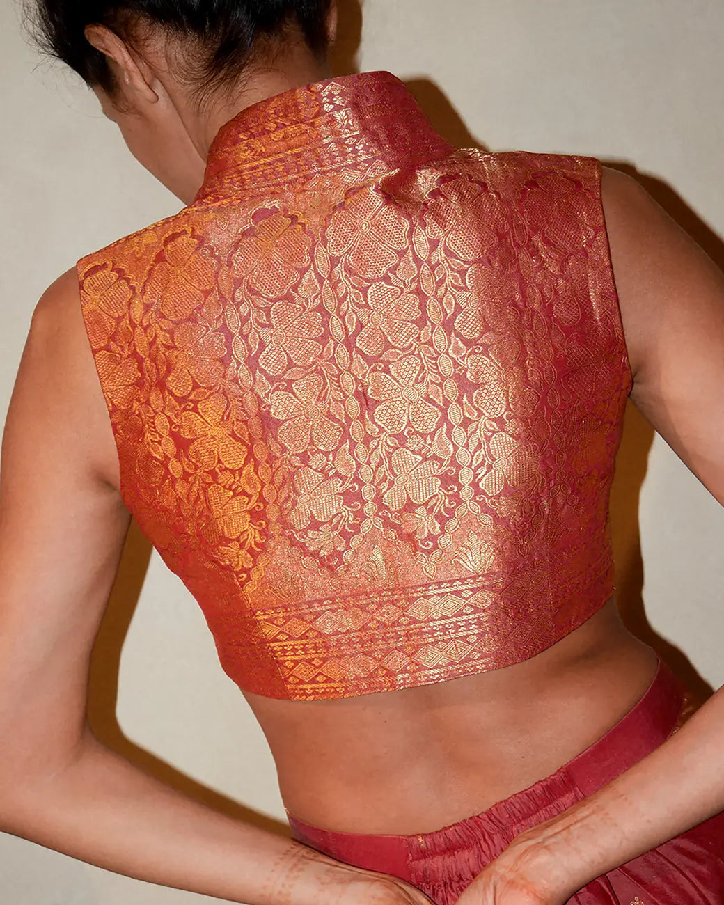GILET TOP- TARINI III Top is a one of a kind piece, handcrafted in house from vintage pure silk saree fabric. 