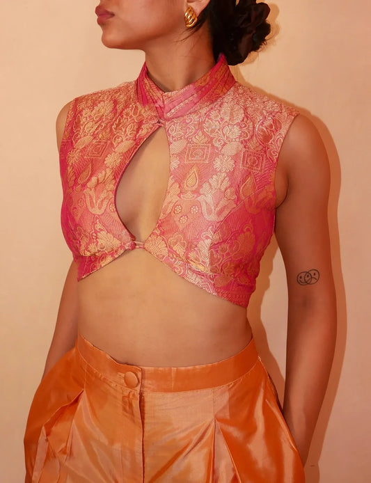 Handcrafted silk co-ord set made from vintage saree with cropped mandarin collar blouse and high-waisted wide-leg trousers.