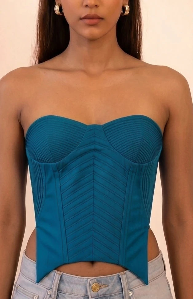 VANA is our one-of-a-kind blue silk corset, handcrafted in-house using a vintage silk saree.