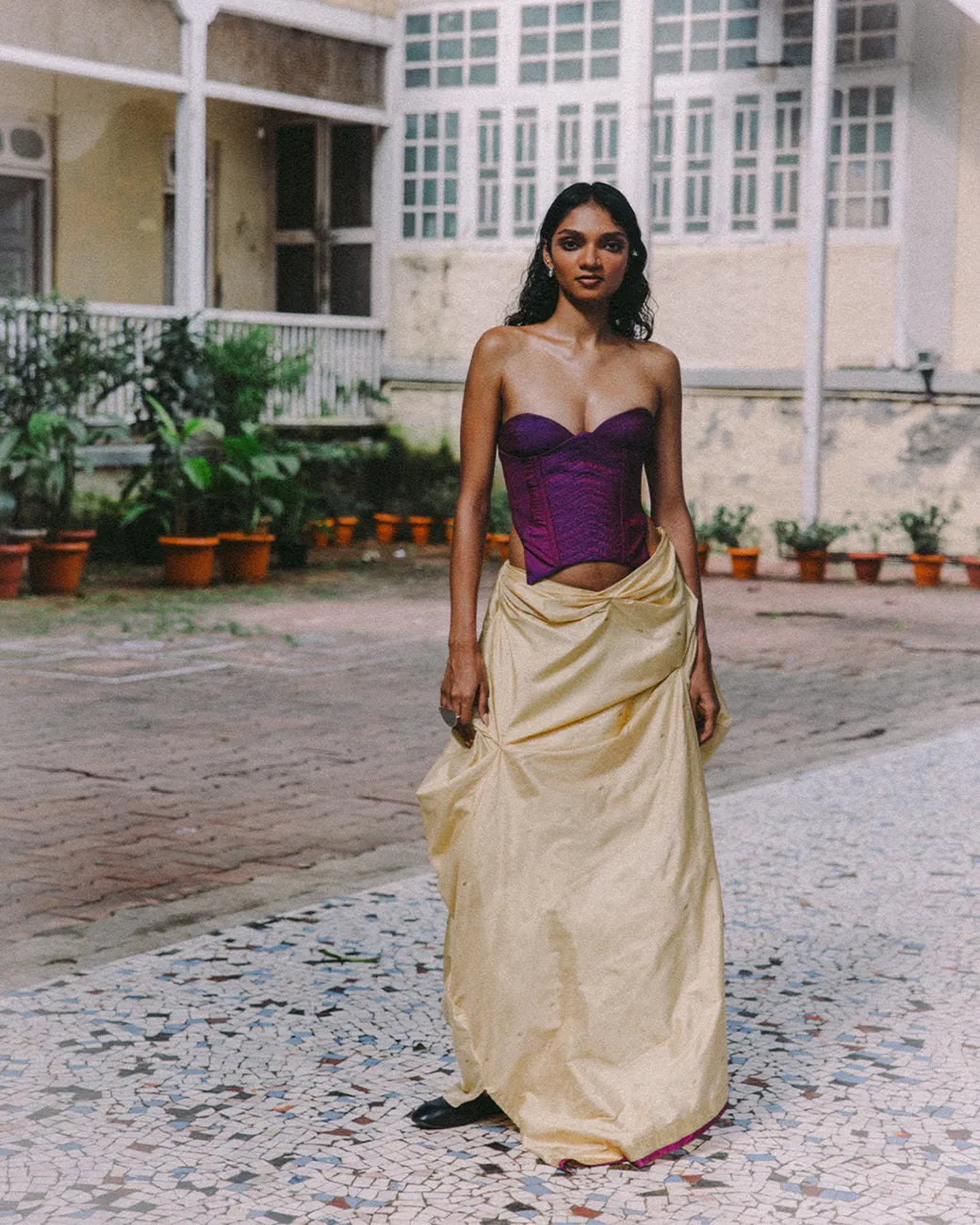 Vana is our off-white cording detail corset, handcrafted by skilled artisans in-house using a rich vintage silk saree. 