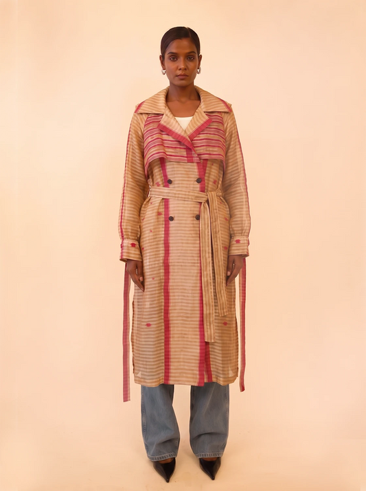 VEDYA IX is our one-of-a-kind pink and white silk trench coat, handcrafted in-house using a vintage silk saree. 