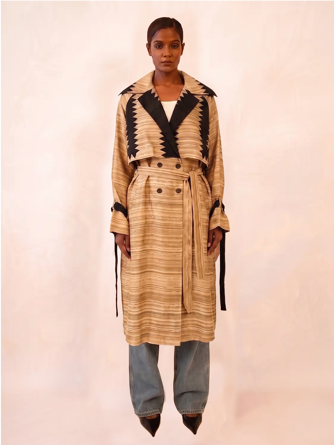 VEDYA XII is our one-of-a-kind beige paisley silk trench coat, handcrafted in-house using a vintage silk saree. 