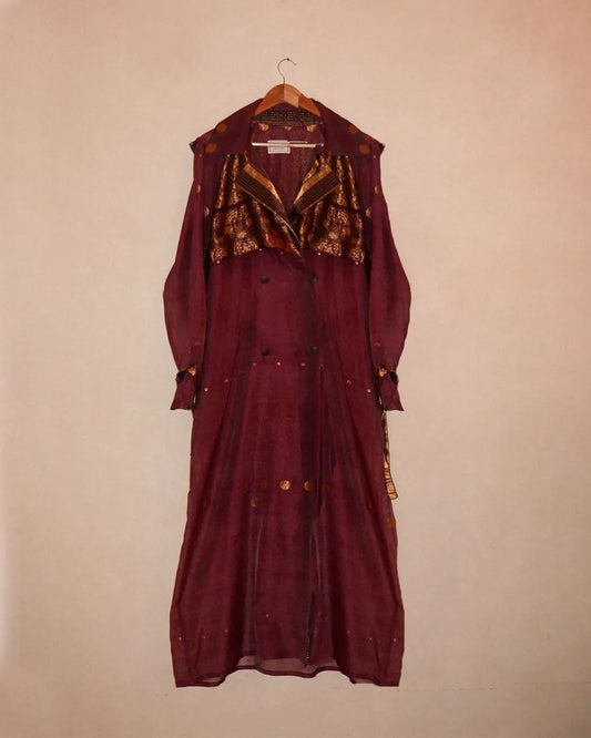 Vedya Maroon checkered silk trench coat handcrafted from South Indian silk with relaxed boxy fit, buckle details on arms and waist